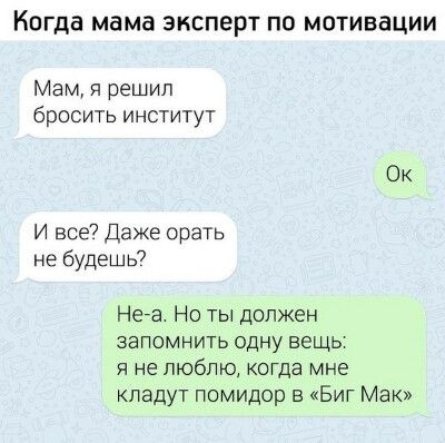 Когда мама эксперт по мотивации Мам я решил бросить институт Ок И все Даже орать не будешь7 Нега Но ты должен запомнить одну вещь я не люблю котда мне кладут помидор в Биг Мак