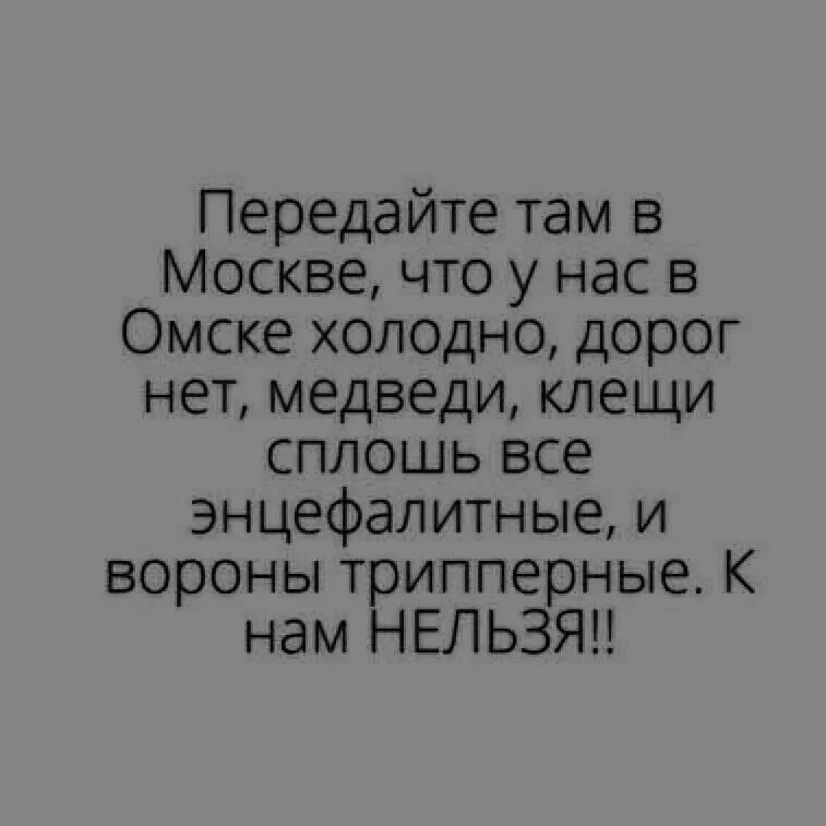 Передайте там в Москве что у нас в Омске холодно дорог нет медведи клещи сплошь все энцефалитные и вороны трипперные К нам НЕЛЬЗЯ