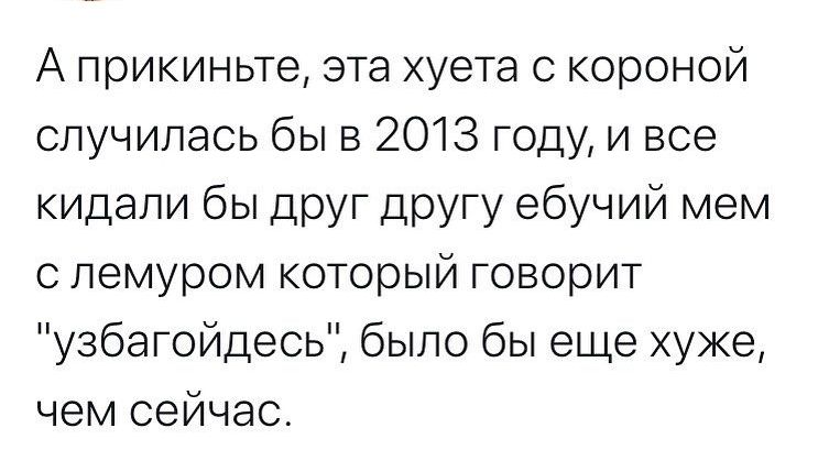 А прикиньте эта хуета с короной случилась бы в 2013 году и все кидали бы друг другу ебучий мем с пемуром который говорит узбагойдесь было бы еще хуже чем сейчас