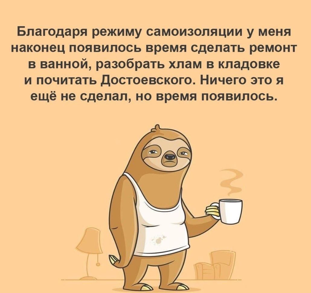 Благодаря режиму самоизоляции у меня наконец появилось время сделать ремонт в ванной разобрать хлам в кладовке и почитать Достоевского Ничего это я ещё не сделал но время появилось