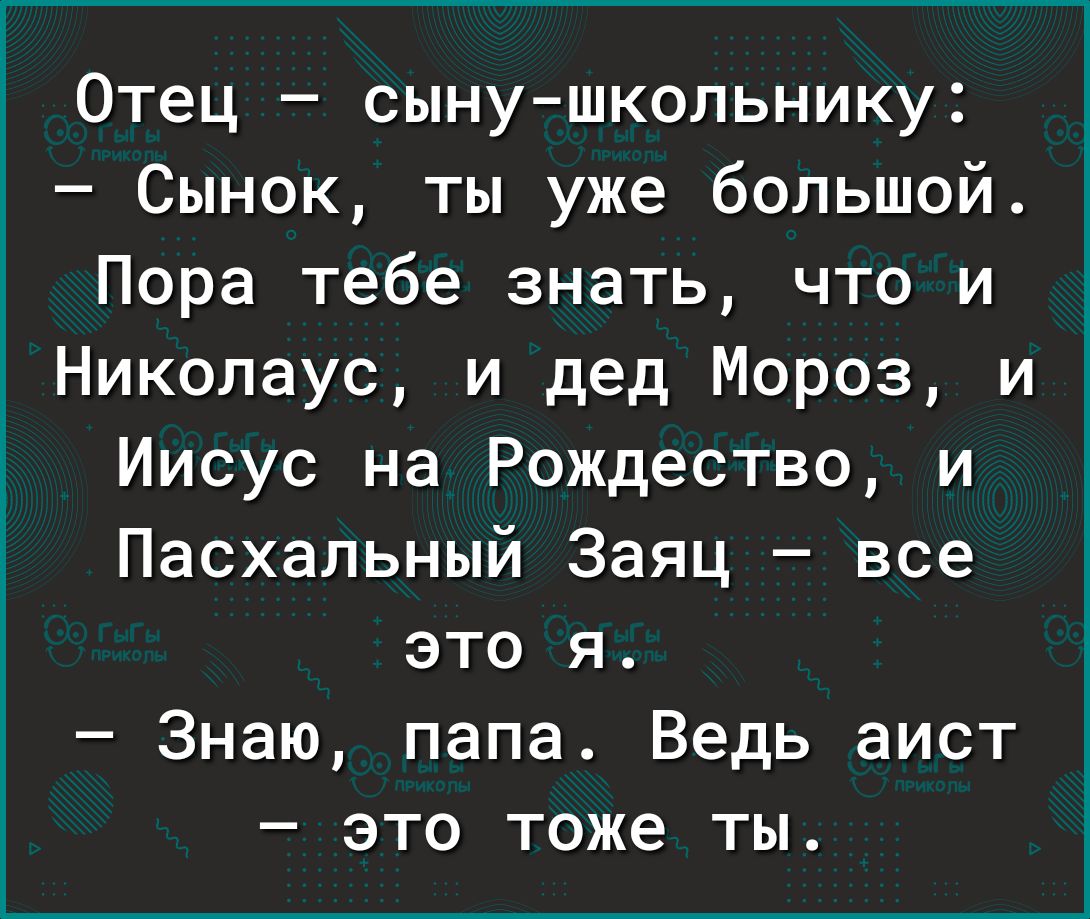 Отец сыну школьнику Сынок ты уже большой Пора тебе знать что и Николаус и дед Мороз и Иисус на Рождество и Пасхальный Заяц все это я Знаю папа Ведь аист это тоже ты