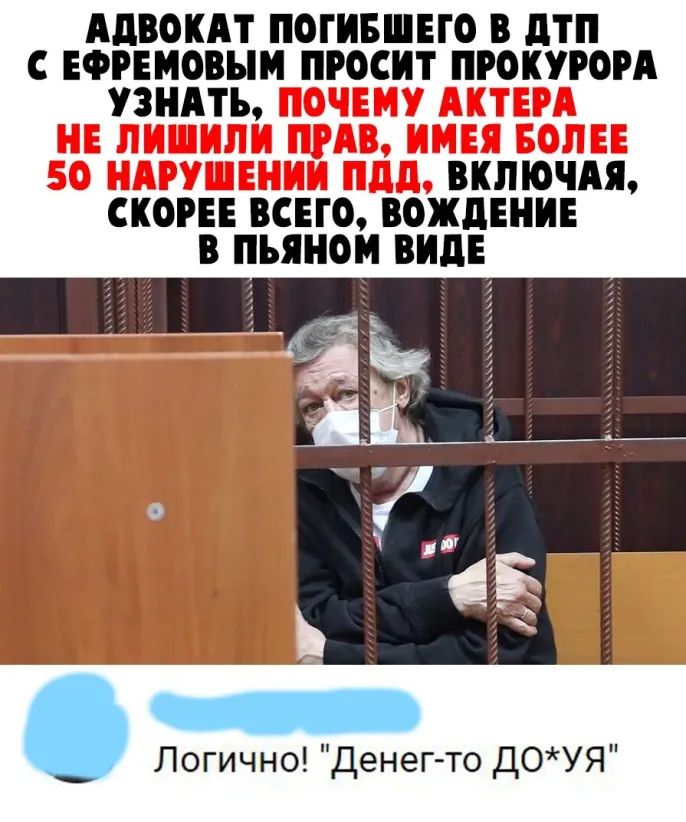АДВОКАТ ПОГИБШЕГО В дТП С ЕФРЕМОВЪШ ПРОСИТ ПРОКУРОРА УЗНАТЬ ВКЛЮЧАЯ СКОРЕЕ ВСЕГО ВОЖДЕНИЕ В В ВИДЕ _ Логично Денег то ДОУЯ