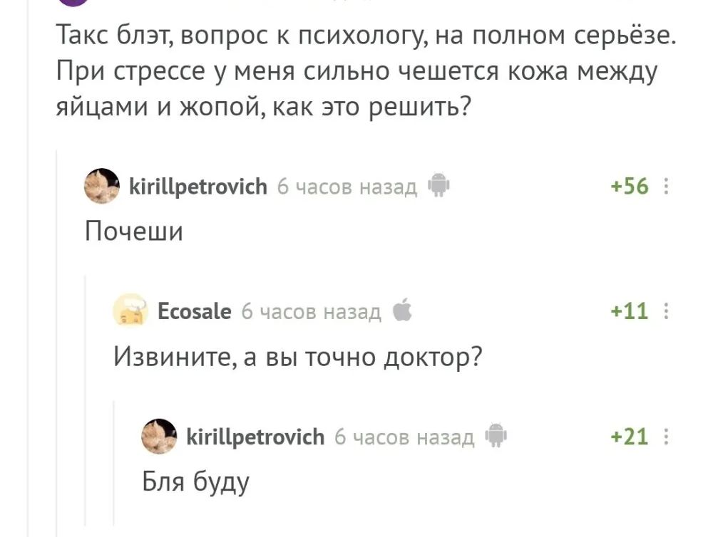 Такс блэт вопрос к психологу на полном серьёзе При стрессе у меня сильно чешется кожа между яйцами и жопой как это решить КігіЦретгоуісЬ 6 часов назад 56 3 Почеши Есозаіе 6 часов назад 11 3 Извините а вы точно доктор КігіЦреггочісЬ 6 часов назад 21 5 Бля буду