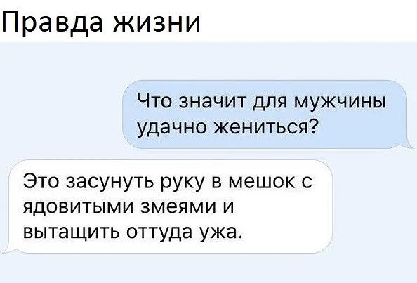 Правда жизни Что значит для мужчины удачно жениться Это засунуть руку в мешок с ядовитыми змеями и вытащить оттуда ужа