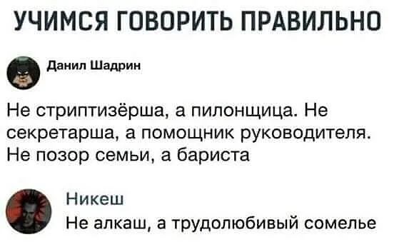 УЧИМСЯ ГОВОРИТЬ ПРАВИЛЬНО даиил Шадрин Не стриптизёрша а пипонщица Не секретарша а помощник руководителя Не позор семьи а бариста Никеш Не алкаш а трудолюбивый сомелье