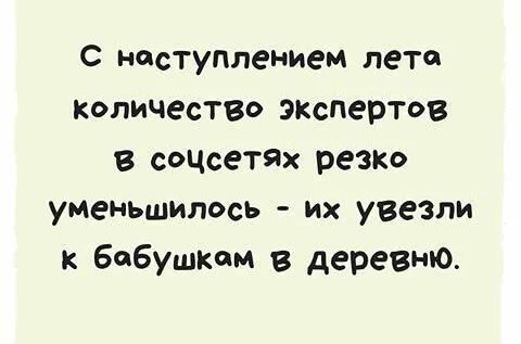 С настуПпением лете количеств экопертов в сочсеТЯх резко уменьшилось их увезли к бабушкам в деревню