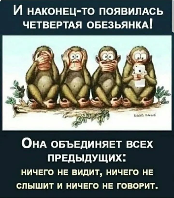 И НАКОНЕЦ ТО ПОЯВИЛАСЬ четвертдя овезьянкд ОНА ОБЪЕДИНЯЕТ ВСЕХ ПРЕДЫДУЩИХі ничего не видит ничего не слышит и ничего не говорит