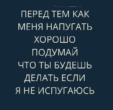 ПЕРЕД ТЕМ КАК МЕНЯ НАПУГАТЬ хорошо ПОДУМАЙ что ты БУДЕШЬ ДЕЛАТЬ ЕСЛИ я НЕ ИСПУГАЮСЬ