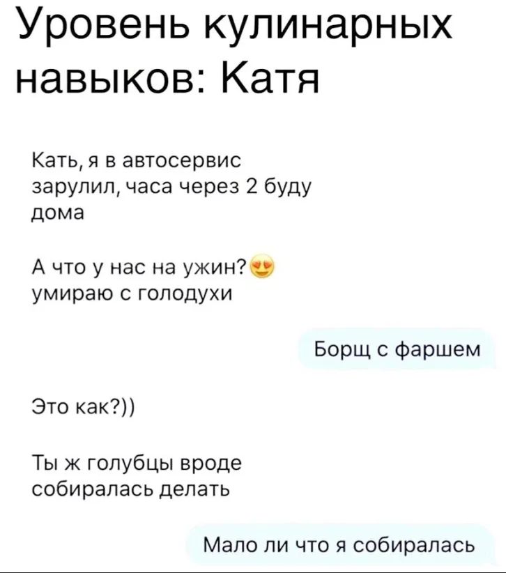 Уровень кулинарных навыков Катя Кать я в автосервис зарулип часа через 2 буду дома А что у нас на ужин умираю с голодухи Борщ с Фаршем Это как Ты ж голубцы вроде собиралась делать Мало ли что я собиралась