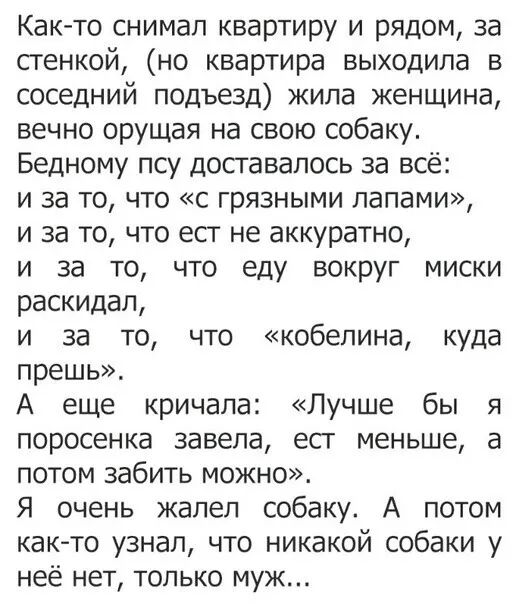 Както снимал квартиру и рядом за стенкой но квартира выходила в соседний подъезд жила женщина вечно орущая на свою собаку Бедному псу доставалось за всё и за то что с грязными лапами и за то что ест не аккуратно и за то что еду вокруг миски раскидал и за то что кобелина куда прешь А еще кричала Лучше бы я поросенка завела есг меньше а потом забить можно Я очень жалел собаку А потом както узнал что