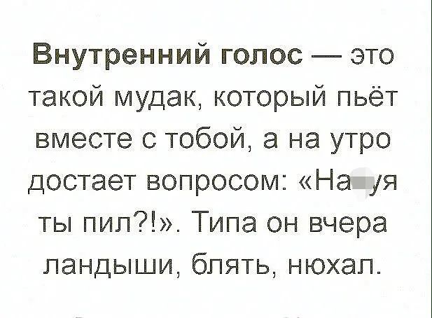 Внутренний голос это такой мудак который пьёт вместе с тобой а на утро достает вопросом На я ты пип Типа он вчера ландыши блять нюхал