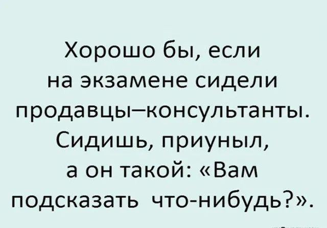 Хорошо бы если на экзамене сидели продавцыконсультанты Сидишь приуныл а он такой Вам подсказать чтонибудь