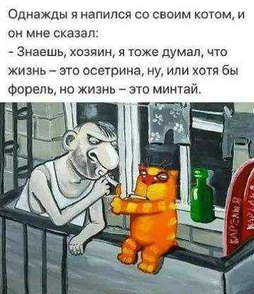 Однажды я напился со свпим ктом и он мне сказал Знаешь хозяин я тоже думал что жизнь это осетрина ну или хотя бы