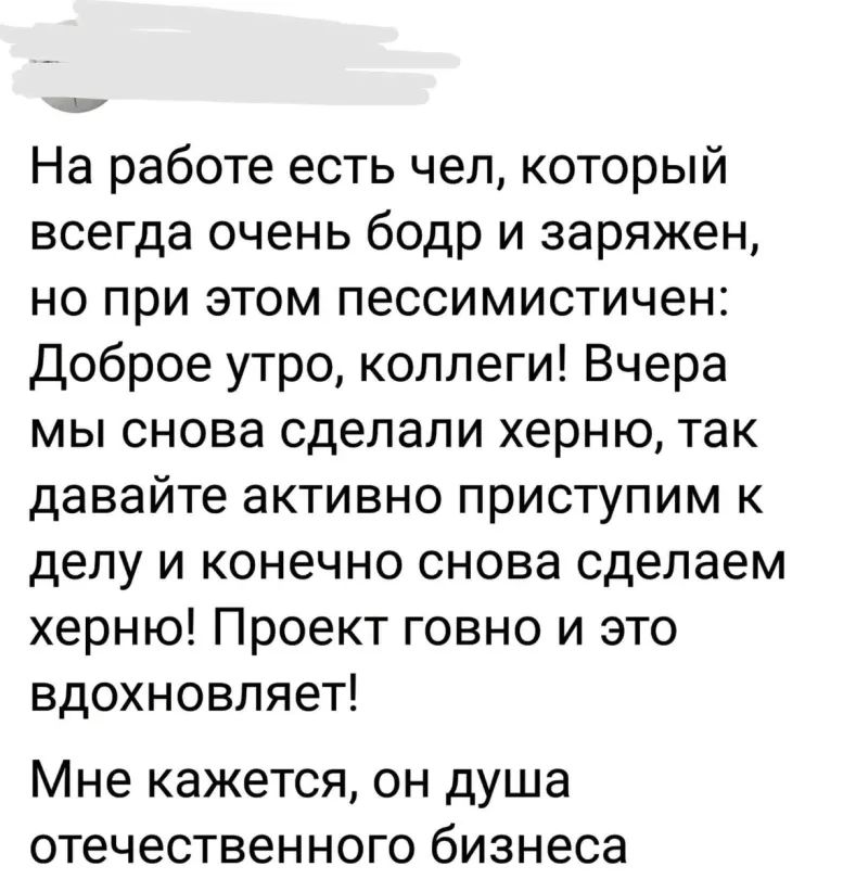 и На работе есть чел который всегда очень бодр и заряжен но при этом пессимистичен Доброе утро коллеги Вчера мы снова сделали херню так давайте активно приступим к делу и конечно снова сделаем херню Проект говно и это вдохновляет Мне кажется он душа отечественного бизнеса