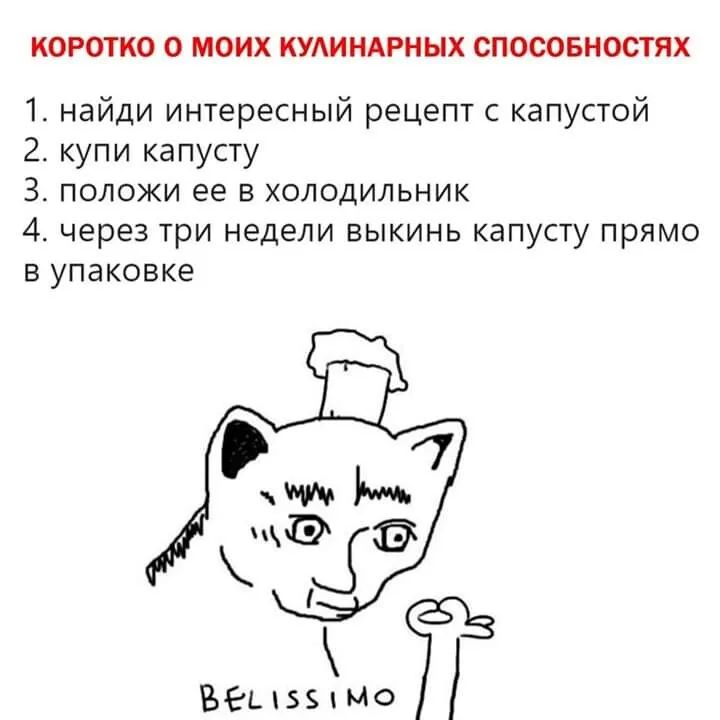 КОРОТКО О МОИХ КУАИНАРНЫХ СПОСОБНОСТЯХ 1 найди интересный рецепт с капустой 2 купи капусту 3 положи ее в холодильник 4 через три недели выкинь капусту прямо В упаковке ВЕьтзвтМо