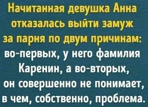 Начитанная девушка Анна отказалась выйти замуж за парня по двум причинам во первых у него фамилия Каренин а во вторых он совершенно не понимает в чем собственно проблема