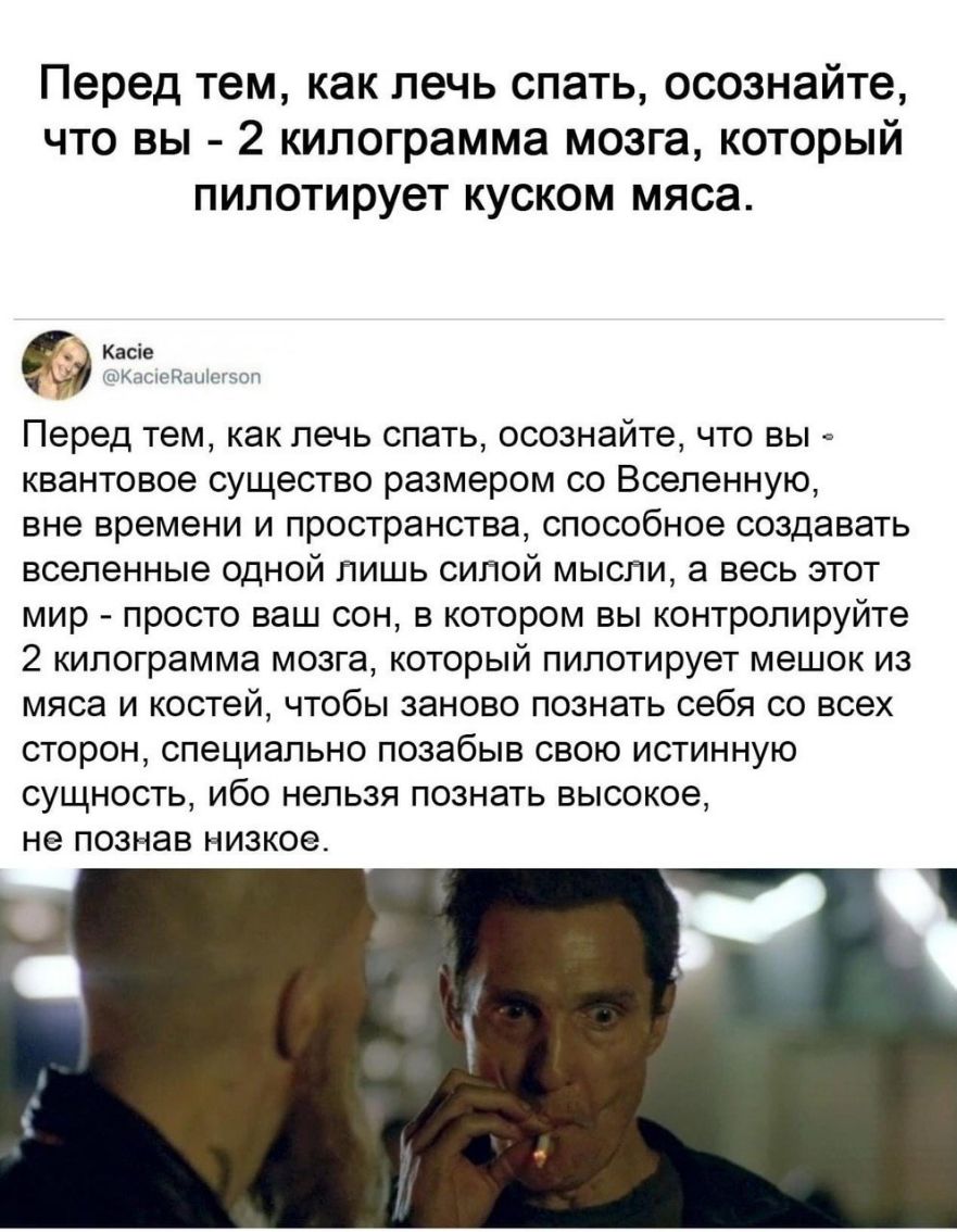 Перед тем как лечь спать осознайте что вы 2 килограмма мозга который пилотирует куском мяса Касіе _ Перед тем как лечь спать осознайте что вы квантовое существо размером со Вселенную вне времени и пространства способное создавать вселенные одной лишь силой мысли а весь этот мир просто ваш сон в котором вы контролируйте 2 килограмма мозга который пилотирует мешок из мяса и костей чтобы заново позна