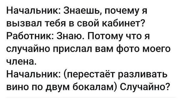 Начальник Знаешь почему я вызвал тебя в свой кабинет Работник Знаю Потому что я случайно прислал вам фото моего члена Начальник перестаёт разливать вино по двум бокалам Случайно