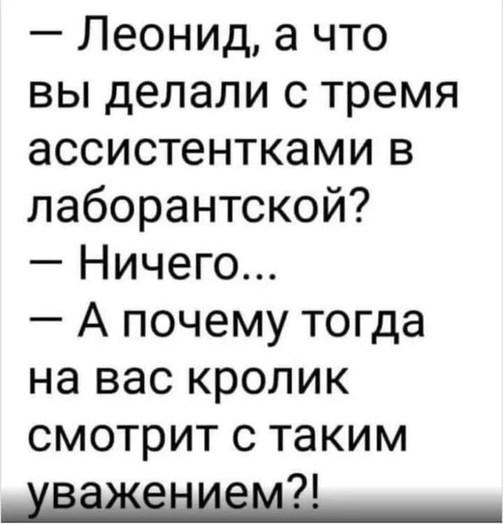 Леонид а что вы делали с тремя ассистентками в лаборантской Ничего А почему тогда на вас кролик смотрит с таким
