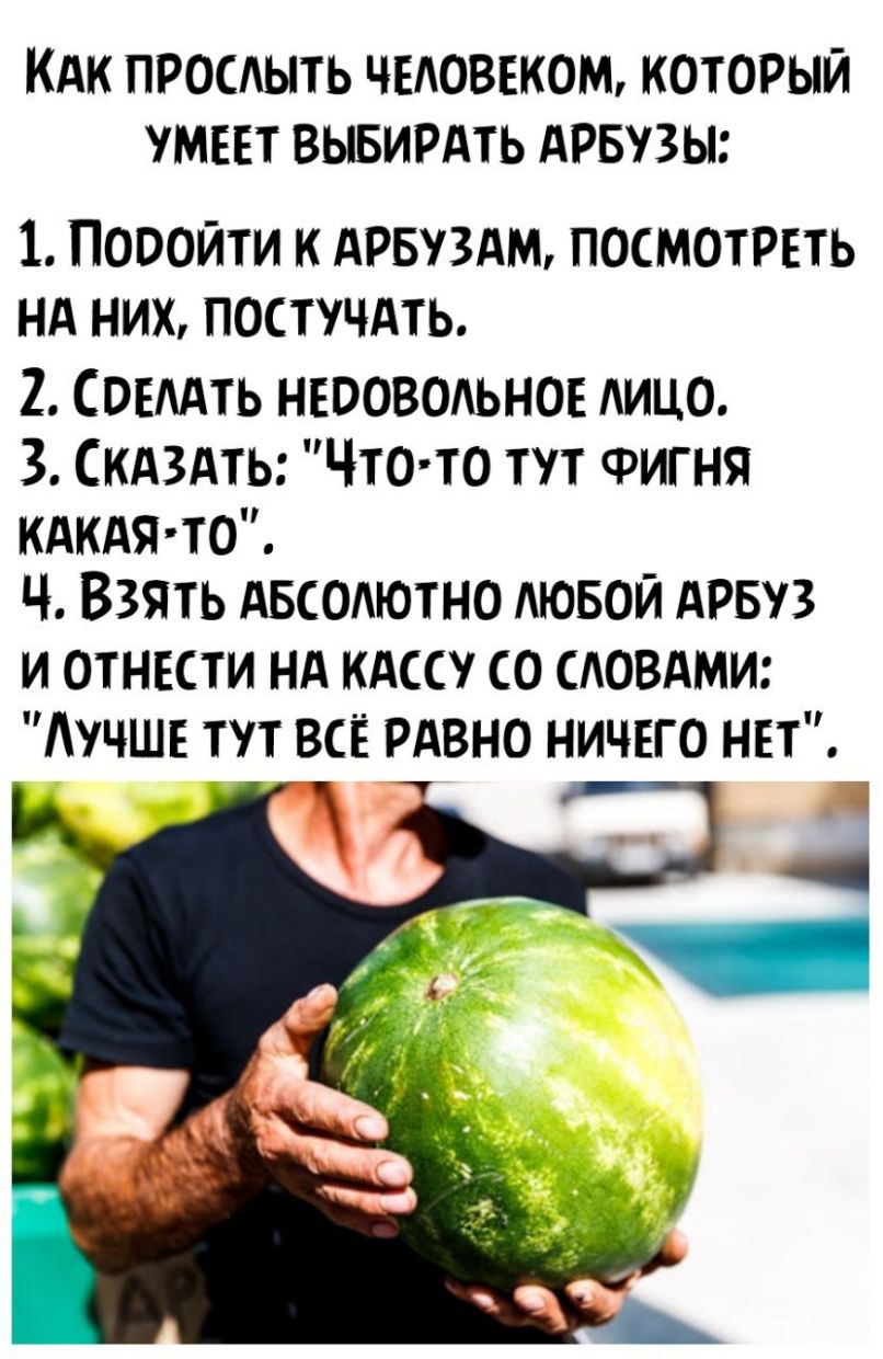 КАК ПРОСАЫТЬ ЧЕАОВЕКОМ КОТОРЫЙ УМЕЕТ ВЫБИРАТЬ АРБУЗЫ 1 ПОООЙТИ К дРБУЗдМ ПОСМОТРЕТЬ Нд НИХ ПОСТУЧАТЬ 2 СоеАдть недовольное АИЦО 3 Скдздть Что то тут Фигня кАкдя то Ч Взять АБСОЛЮТНО АЮБОЙ АРБУЗ и отнести нд кдссу со САОВАМИ Аучше тут все РАВНО ничего нет А