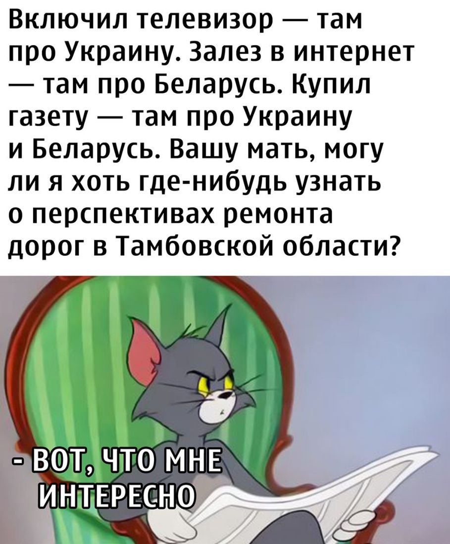 Включил телевизор там про Украину Залез в интернет там про Беларусь Купил газету там про Украину и Беларусь Вашу мать могу ли я хоть где нибудь узнать о перспективах ремонта дорог в Тамбовской области