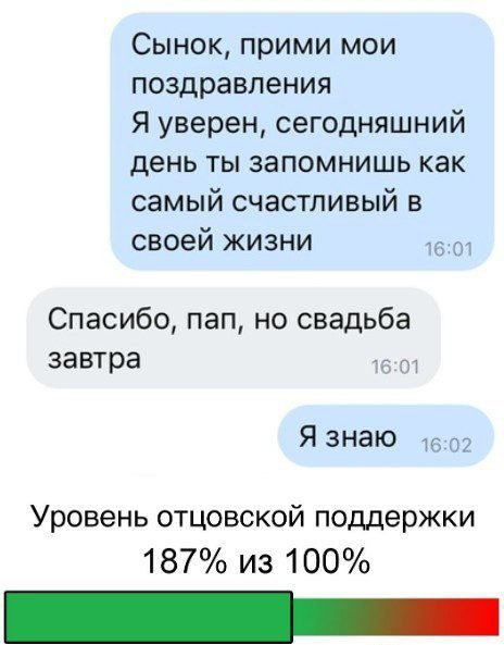 Сынок прими мои поздравления Я уверен сегодняшний день ты запомнишь как самый счастливый в своей жизни Спасибо пап но свадьба завтра Я знаю Уровень отцовской поддержки 187 из 100