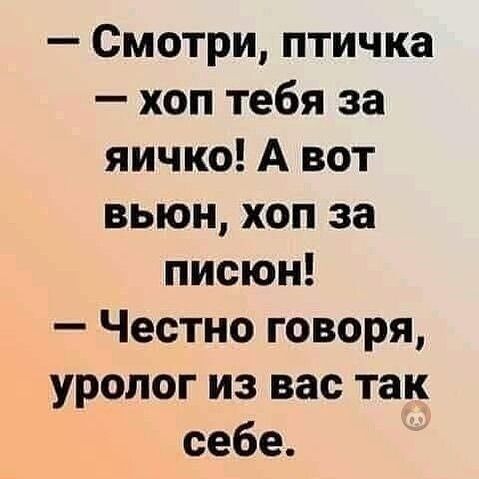 Смотри птичка хоп тебя за яичко А вот вьюн хоп за писюн Честно говоря уролог из вас так себе