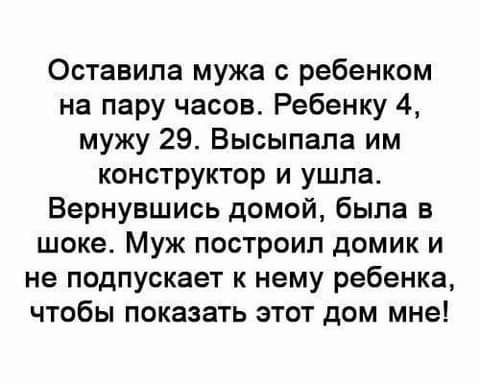 Оставила мужа с ребенком на пару часов Ребенку 4 мужу 29 Высыпала им конструктор и ушла Вернувшись домой была в шоке_ Муж построил домик и не подпускает к нему ребенка чтобы показать этот дом мне