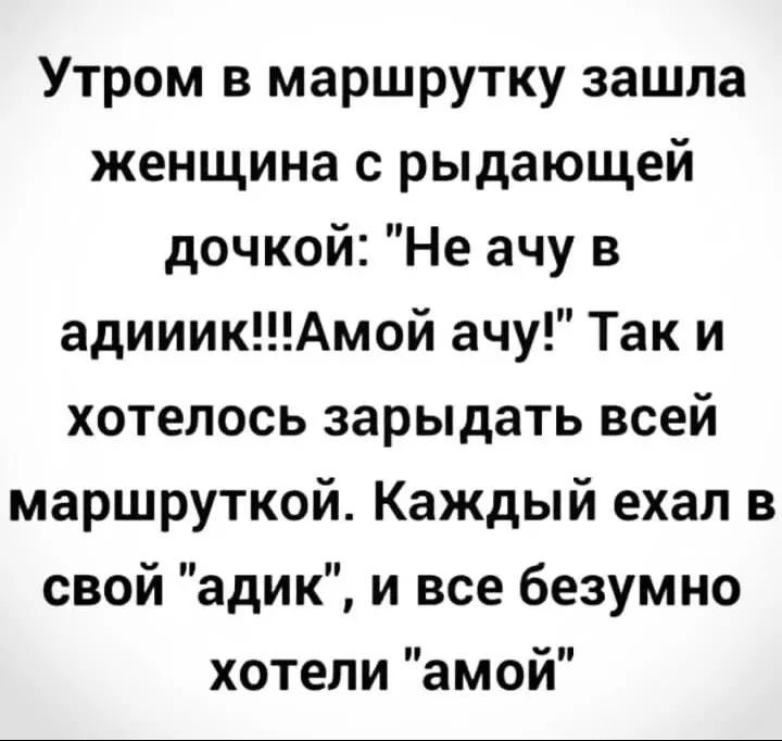 Утром в маршрутку зашла женщина с рыдающей дочкой Не ачу в адииикАмой ачу Так и хотелось зарыдать всей маршруткой Каждый ехал в свои адик и все безумно хотели амои
