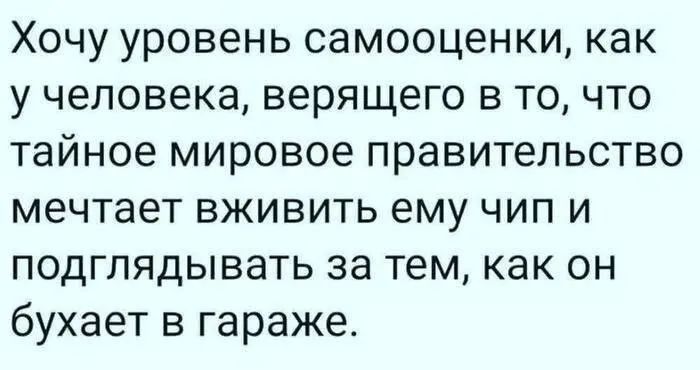 Хочу уровень самооценки как у человека верящего в то что тайное мировое правительство мечтает вживить ему чип и подглядывать за тем как он бухает в гараже