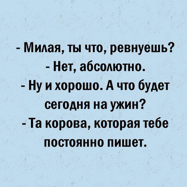 Мидая ты что ревнуешь Нет абсолютно Ну и хорошо А что будет сегодня на ужин Та корова которая тебе постоянно пишет