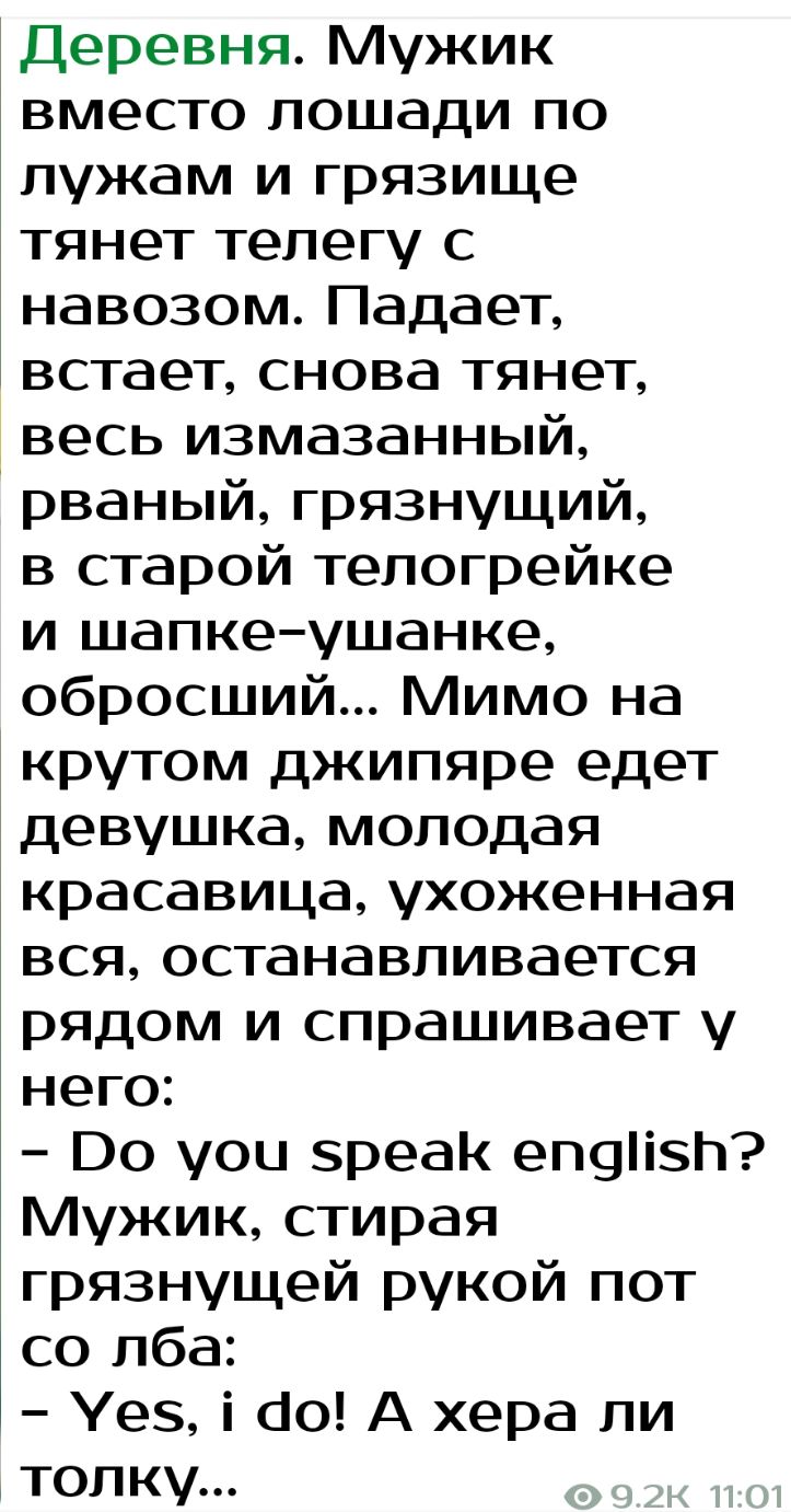 Деревня Мужик вместо лошади по лужам и грязище тянет телегу с навозом Падает встает снова тянет весь измазанный рваный грязнущий в старой телогрейке и шапкеушанке обросший Мимо на крутом джипяре едет девушка молодая красавица ухоженная вся останавливается рядом и спрашивает у него Во уоц зреак еп_і5П Мужик стирая грязнущей рукой пот со лба Уез і со А хера ли толку