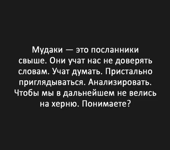 Мудаки это посланники свыше Они учат нас не доверять словам Учат думать Пристально приглядываться Анализировать Чтобы мы в дальнейшем не велись на херню Понимаете