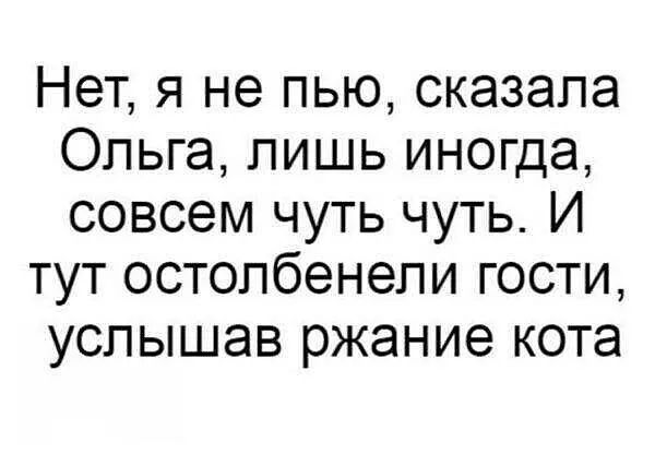 Нет я не пью сказала Ольга лишь иногда совсем чуть чуть И тут остопбенепи гости услышав ржание кота
