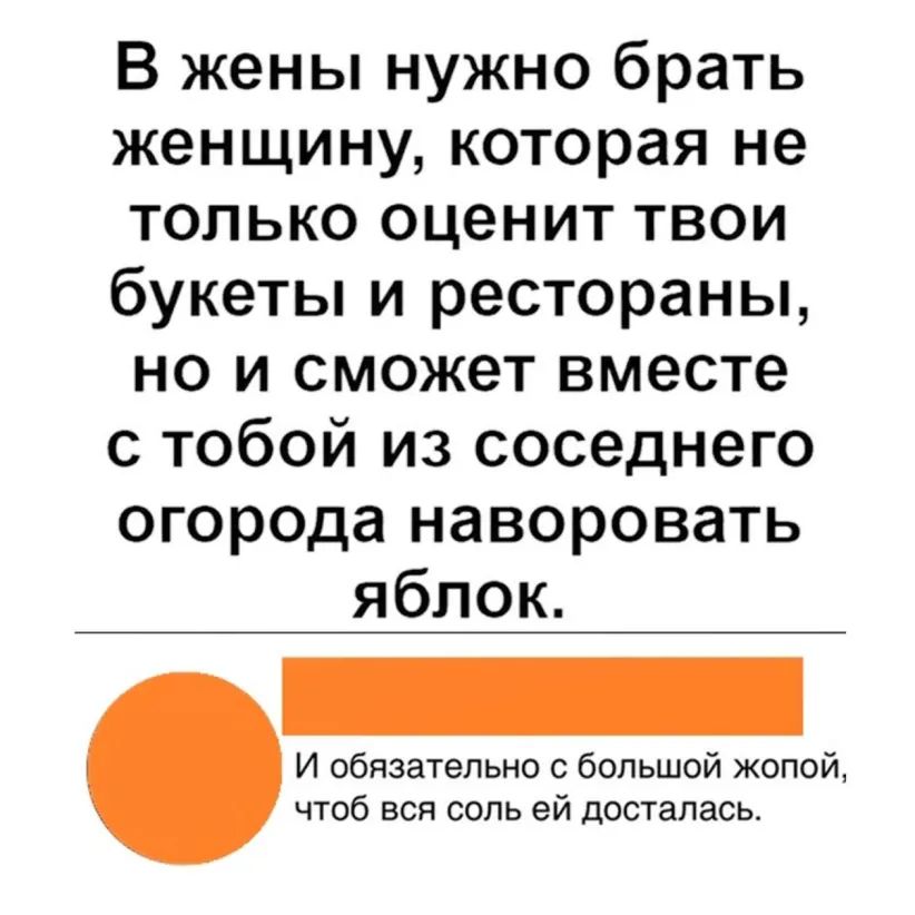 В жены нужно брать женщину которая не только оценит твои букеты и рестораны но и сможет вместе с тобой из соседнего огорода наворовать яблок И обязательно с большой жопой чтоб вся соль ей досталась