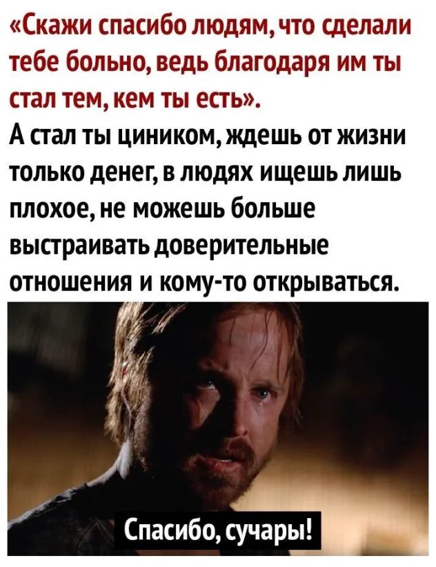 Скажи спасибо людям что сделали тебе больно ведь благодаря им ты стал тем кем ты есть А стал ты циником ищешь от жизни только денег в людях ищешь лишь плохое не можешь больше выстраивать доверительные отношения и кому то открываться