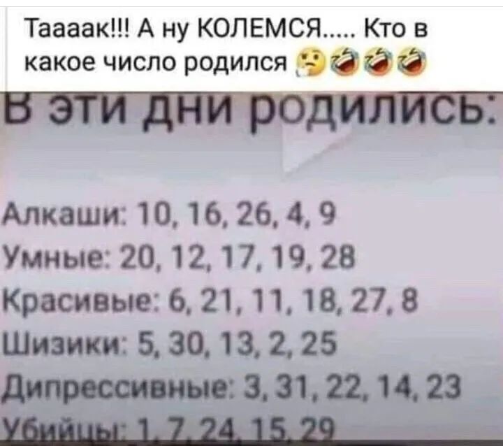 Таааак А ну КОЛЕМСЯ Кто в какое число родился эййй Алкаши 10 16 26 4 9 Умные 20 12 17 19 28 Красивые 6 21 11 18 27 8 Шишки 5 30 13 2 25 __ аэъицзз _