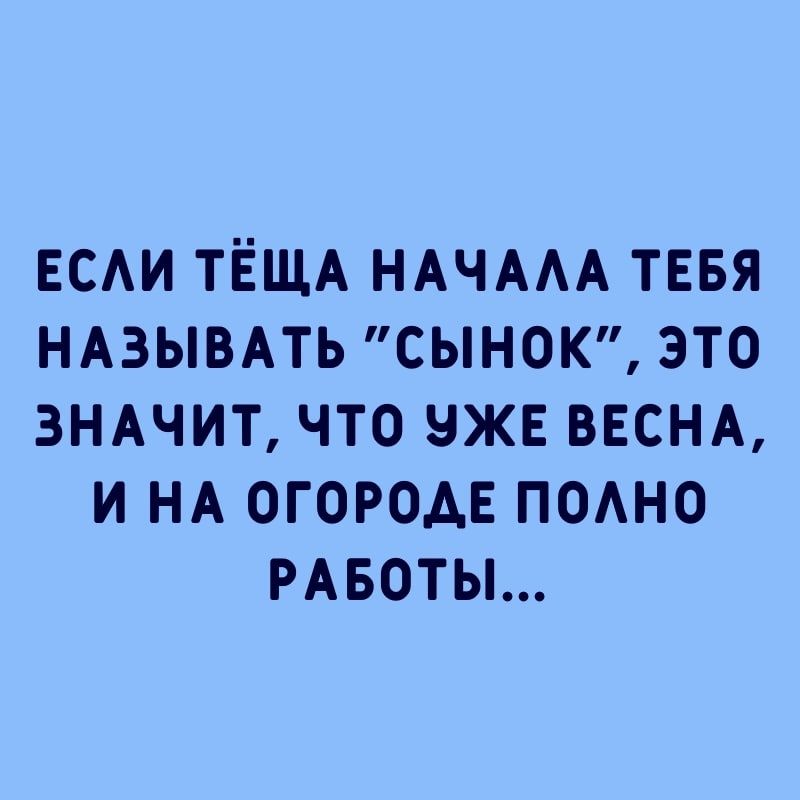 ЕСАИ ТЁЩА НАЧААА ТЕБЯ НАЗЫВАТЬ СЫНОК ЭТО ЗНАЧИТ ЧТО ВЖЕ ВЕСНА И НА ОГОРОАЕ ПОАНО РАБОТЫ