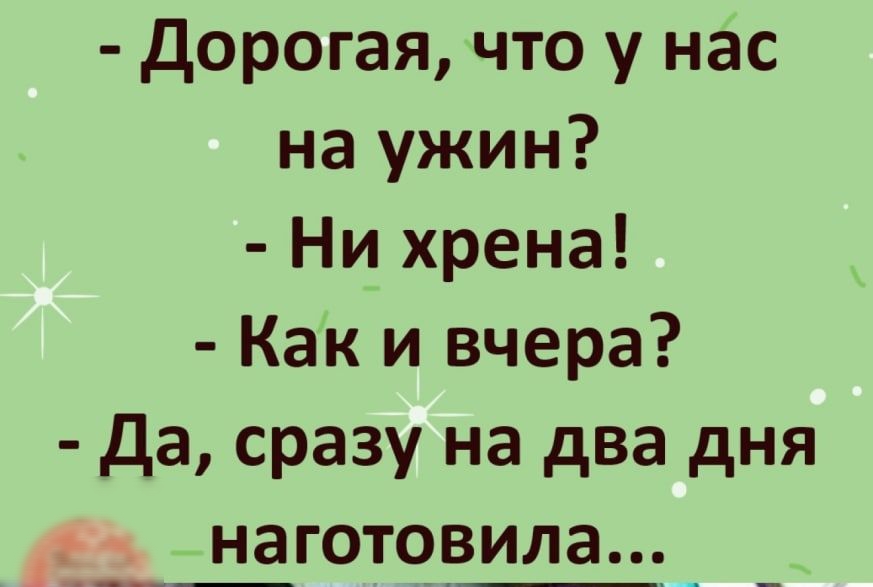 дорогая что у нас на ужин Ни хрена Как и вчера Да сразу на два дня Шготовила__ ___