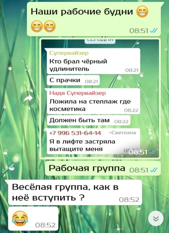 Наши рабочие будни 0851 Кто брал чёрный удлинитель он _гу С прачки нл т Надя Суперваиаер Пожипа НВ сгеппаж где косметика ши долж н быть там в _ ХЧ П 7 995 531 54_ 14 вп мына Я в лифте застряла тащите м п Рабочая группа 08 51 А 121 П_ Весёлая группа как в неё вступить 0852