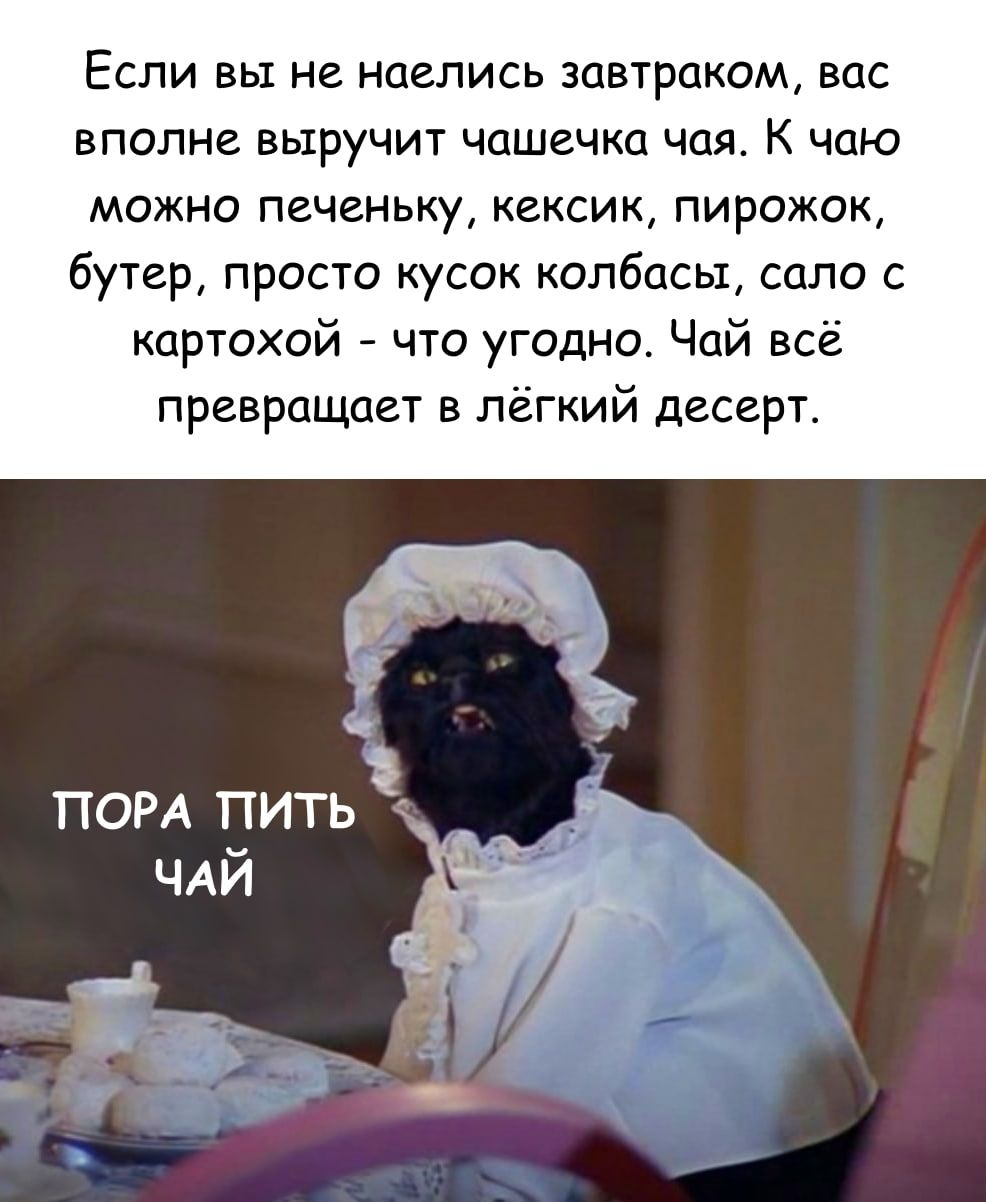 Если вы не наелись завтраком вас вполне выручит чашечка чая К чаю можно печеньку кексик пирожок бутер просто кусок колбасы сало с картохой что угодно Чай всё превращает в легкий десерт ПОРА пить ЧАЙ