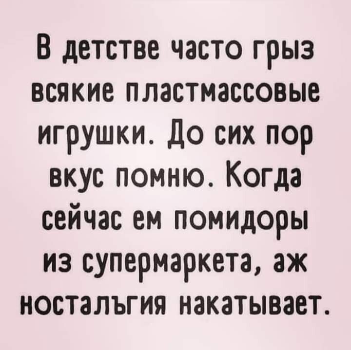 В детстве часто грыз всякие пластмассовые игрушки До сих пор вкус помню Когда сейчас ем помидоры из супермаркета аж ностальгия накатывает