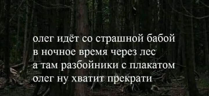 олег идёт со страшной бабой в ночное время через лес а там разбойники с плакатом олег ну хватит прекоати