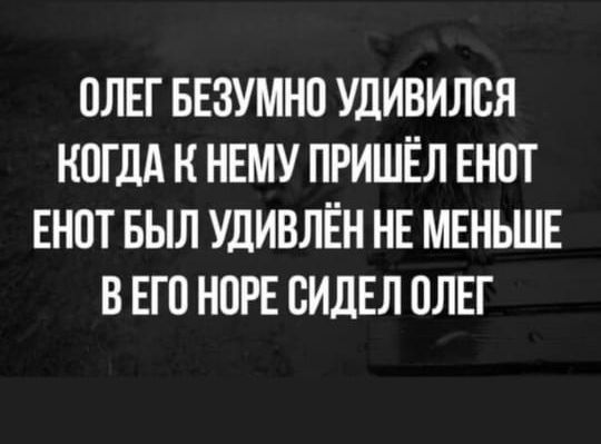 ОЛЕГ БЕЗУМНО УДИВИЛСЯ КОГДА К НЕМУ ПРИШЁЛ ЕНОТ ЕНОТ БЫЛ УДИВЛЁН НЕ МЕНЬШЕ В ЕГО НОРЕ ВИДЕЛ ОЛЕГ