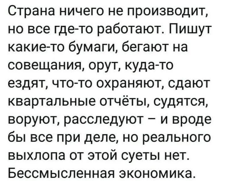 Страна ничего не производит но все где то работают Пишут какие то бумаги бегают на совещания орут кудато ездят что то охраняют сдают квартальные отчёты судятся воруют расследуют и вроде бы все при деле но реального выхлопа от этой суеты нет Бессмысленная экономика