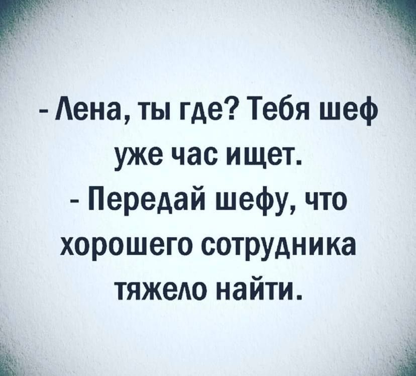 Аена ты где Тебя шеф уже час ищет Передай шефу что хорошего сотрудника тяжело найти