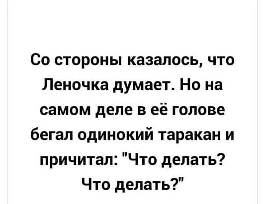 Со стороны казалось что Леночка думает Но на самом деле в её голове бегал одинокий таракан и причитал Что делать Что делать