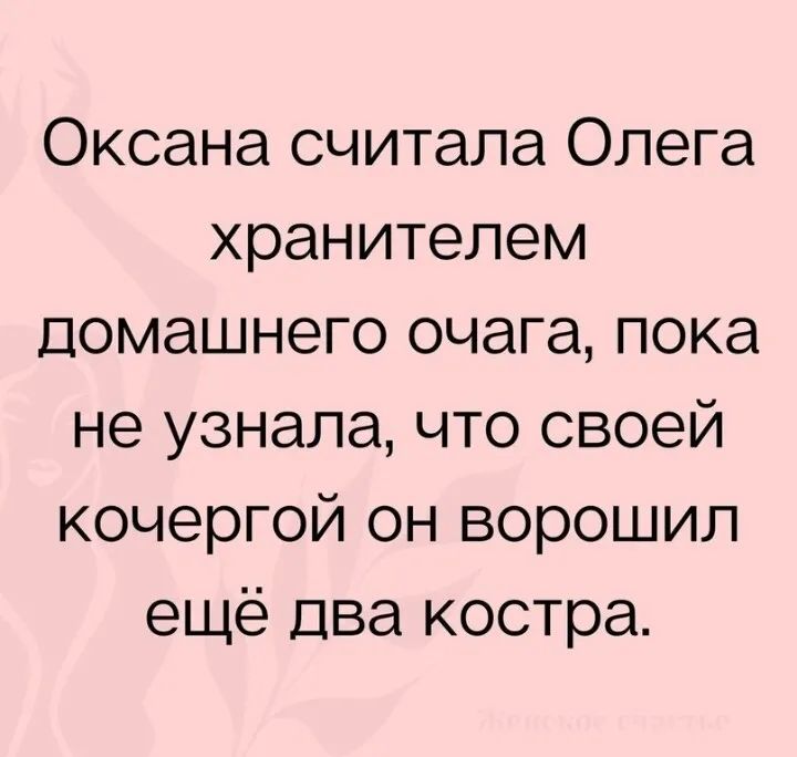 Оксана считала Олега хранителем Домашнего очага пока не узнала что своей кочергой он ворошил ещё Два костра