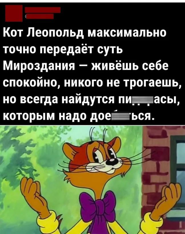Кот Леопольд максимально точно передаёт суть Мироздания живёшь себе спокойно никого не трогаешь но всегда найдутся пинасы которым надо доеься