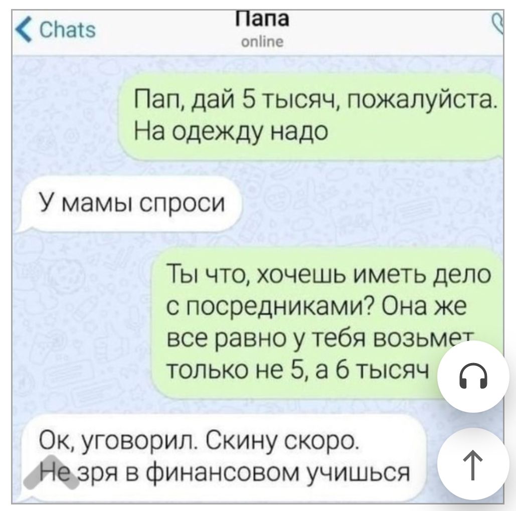 апа опііпе Пап дай 5 тысяч пожалуйста На одежду надо У мамы спроси Ты что хочешь иметь дело с посредниками Она же все равно у тебя возьмет только не 5 а 6 тысяч Ок уговорил Скину скоро Незря в финансовом учишься Т